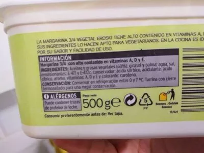 Lista de ingredientes del producto Margarina vegetal Eroski 500 g