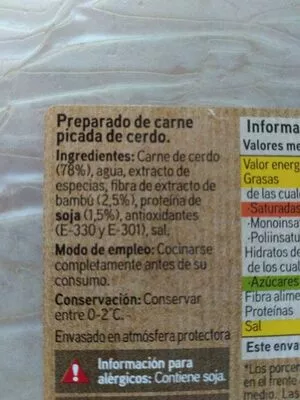 Lista de ingredientes del producto Preparado cárnico cerdo Eroski 