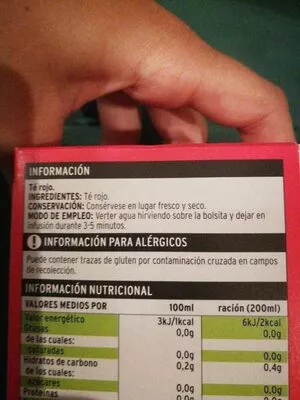 Lista de ingredientes del producto Té rojo Eroski 