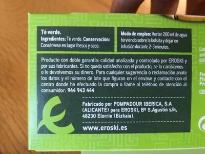 Lista de ingredientes del producto Té verde Eroski 