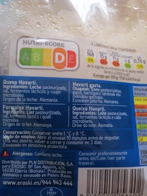 Lista de ingredientes del producto Queso havarti Eroski 