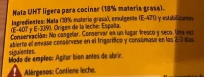 Lista de ingredientes del producto Nata para cocinar Eroski 