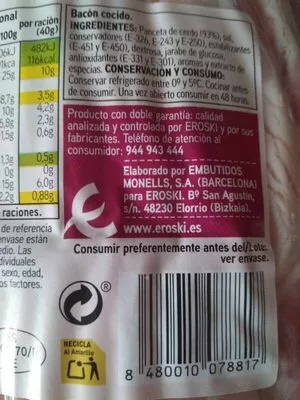 Lista de ingredientes del producto Bacon ahumado Eroski 200 g