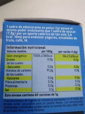 Lista de ingredientes del producto Edulcorante en polvo Eroski 