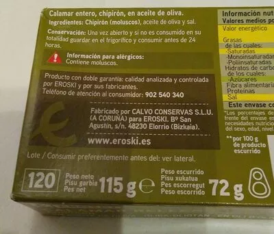 Lista de ingredientes del producto Calamar relleno en aceite de oliva Eroski 