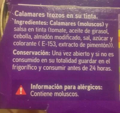 Lista de ingredientes del producto Calamares en trozos en su tinta Eroski 