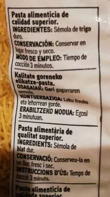 Lista de ingredientes del producto Fideo cabellín Eroski 500 g