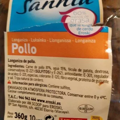 Lista de ingredientes del producto Longaniza de pollo Eroski Sannia 360 g