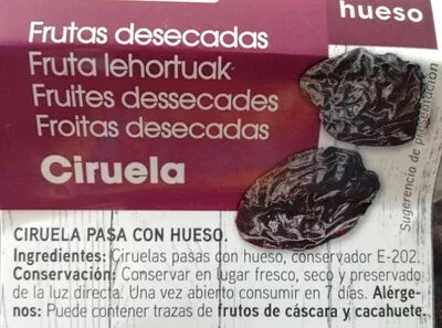 Lista de ingredientes del producto Frutas desecadas ciruela Eroski 320 g