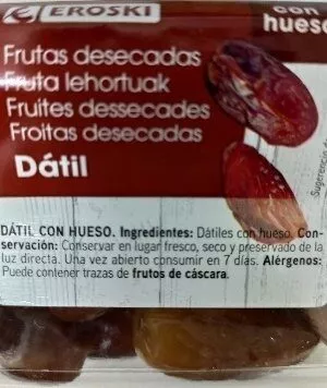 Lista de ingredientes del producto Dátil con hueso Eroski 300 g