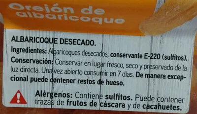 Lista de ingredientes del producto Orejón de albaricoque Eroski 270 g