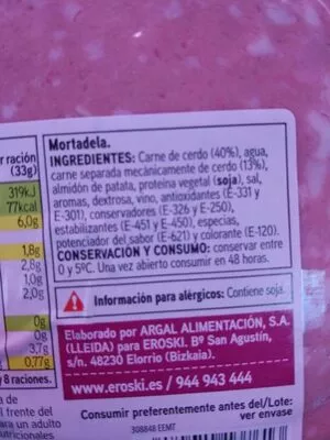 Lista de ingredientes del producto Mortadela Eroski 250 g