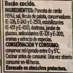 Lista de ingredientes del producto Bacón cocido ahumado Eroski 200 g