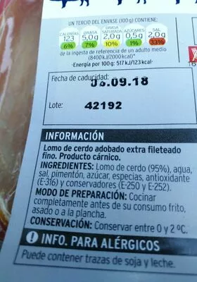 Lista de ingredientes del producto Lomo de cerdo adobado extrafino Eroski 