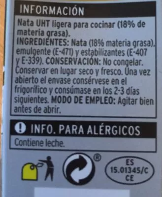 Lista de ingredientes del producto Nata UHT Eroski 