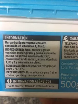 Lista de ingredientes del producto Sannia Margarina ligera vegetal Eroski 