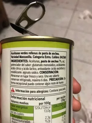 Lista de ingredientes del producto Aceitunas rellenas de anchoa Eroski 150 g (350 g peso neto)