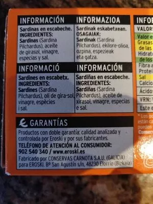 Lista de ingredientes del producto Sardinas en escabeche Eroski 