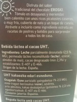 Lista de ingredientes del producto Chocolate a la taza Eroski 