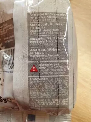 Lista de ingredientes del producto Anacardos Eroski 175 g