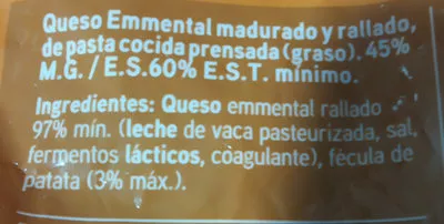 Lista de ingredientes del producto Emmentaltal queso rallado Eroski 200 gr