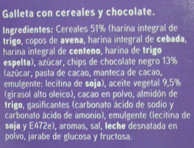 Lista de ingredientes del producto Galletas de desayuno 5 cereales y chocolate Eroski 400 g