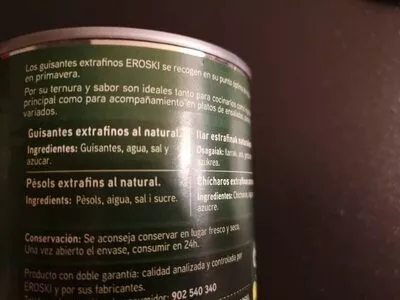 Lista de ingredientes del producto Guisantes al natural extrafinos Eroski 