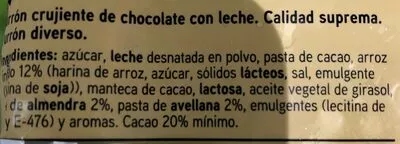 Lista de ingredientes del producto Turrón de chocolate crujiente Eroski 