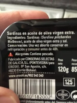 Lista de ingredientes del producto Sardinas en aceite de oliva virgen extra Eroski 