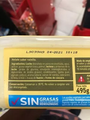 Lista de ingredientes del producto Helado cremoso de vainilla Eroski 495 g