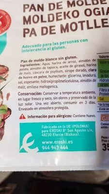 Lista de ingredientes del producto Sin gluten - Pan de molde Eroski 350 g