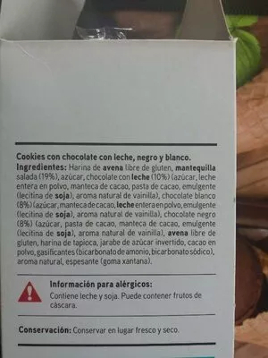 Lista de ingredientes del producto Sin gluten - Cookies tres chocolates Eroski 