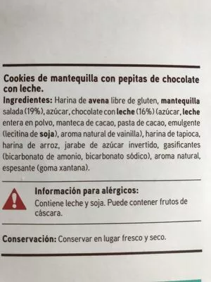 Lista de ingredientes del producto Sin gluten - Cookies de chocolate con leche Eroski 