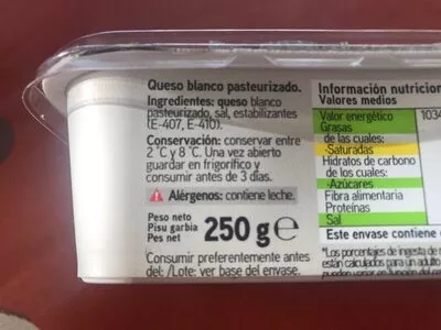 Lista de ingredientes del producto Queso para untar natural Eroski 250 g