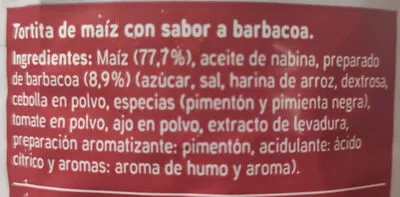 Lista de ingredientes del producto Tortitas de maíz sabor barbacoa Eroski 125 g