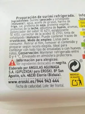 Lista de ingredientes del producto GULAS DE AGUINAGA Eroski 250 g