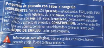 Lista de ingredientes del producto Barritas de surimi Eroski 