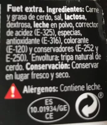 Lista de ingredientes del producto Fuet extra de la garrotxa Eroski 