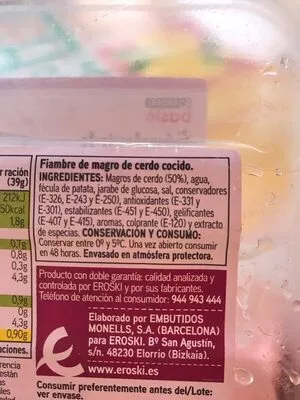 Lista de ingredientes del producto Sándwich fiambre de york Eroski 300 g