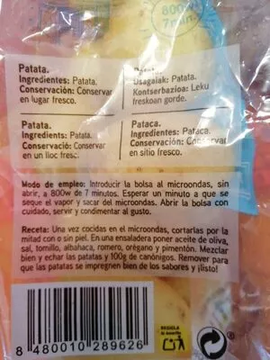 Lista de ingredientes del producto Patatas para el microondas al vapor Eroski 