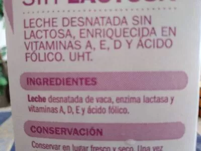 Lista de ingredientes del producto Leche Desnatada Sin Lactosa Eliges 