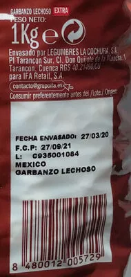 Lista de ingredientes del producto Garbanzo Lechoso EXTRA Eliges 1 kg