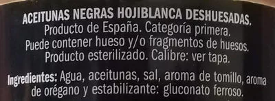 Lista de ingredientes del producto Aceituna negra hojiblanca deshuesada Eliges 350 g neto, 150 escurrido, 370 ml