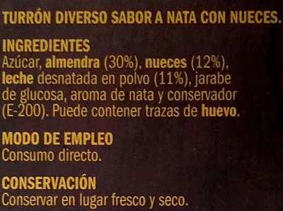 Lista de ingredientes del producto Turrón de nata y nuez eliges 300 g