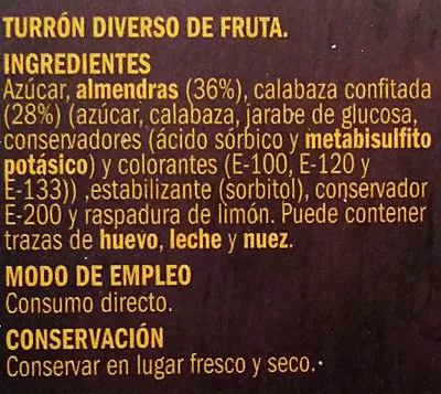 Lista de ingredientes del producto Turrón de fruta IFA Eliges 300 g