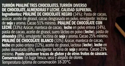 Lista de ingredientes del producto Praline Tres Chocolates Eliges, IFA 200 g