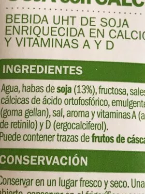 Lista de ingredientes del producto Bebida de soja con calcio eliges 1 L