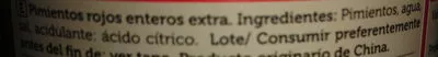 Lista de ingredientes del producto Pimientos rojos enteros extra spar 185 g