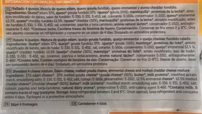 Lista de ingredientes del producto Queso rallado - quatro quesos Spar 