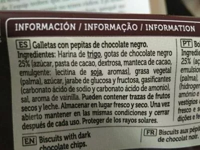 Lista de ingredientes del producto Galletas con pepitas de chocolate Spar 425 g